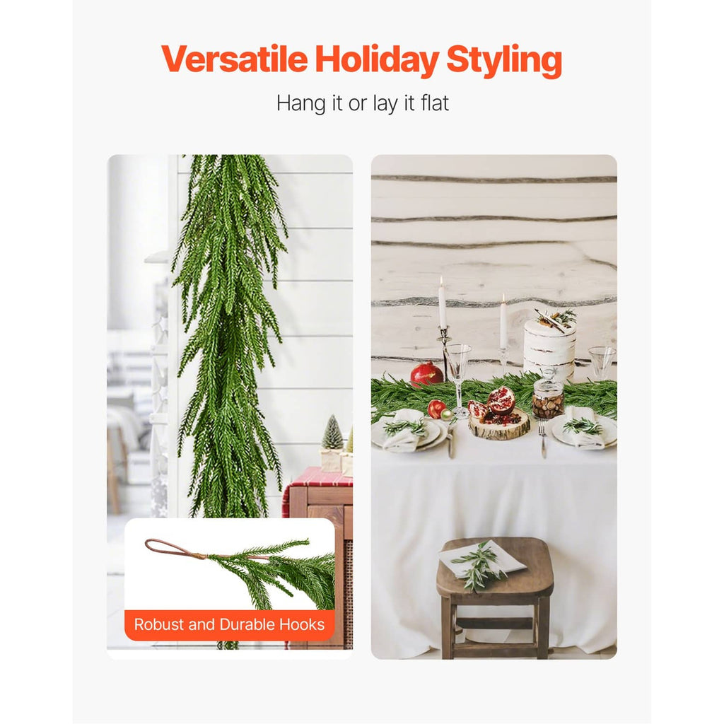 Artificial green pine garland strand, draped and hanging for holiday styling