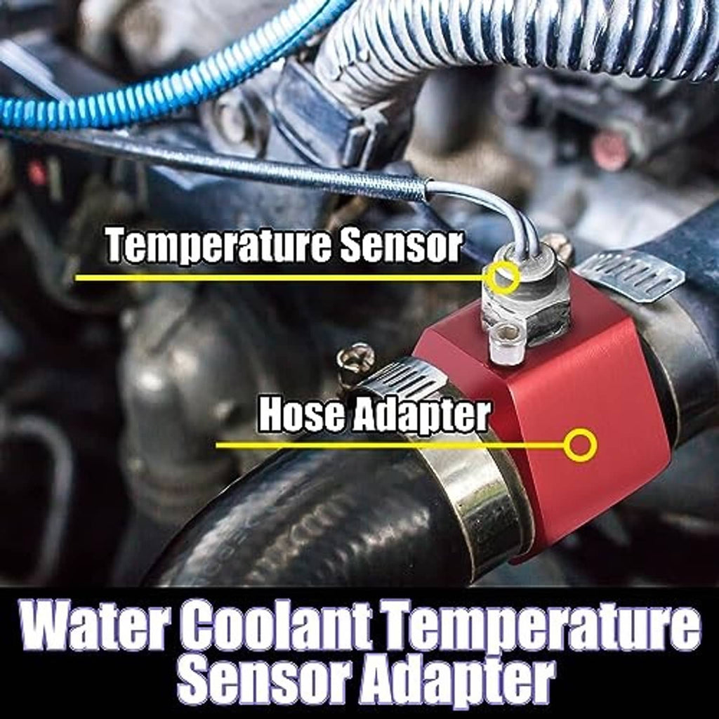 Red coolant temperature sensor hose adapter installed in engine bay, with sensor fitting
