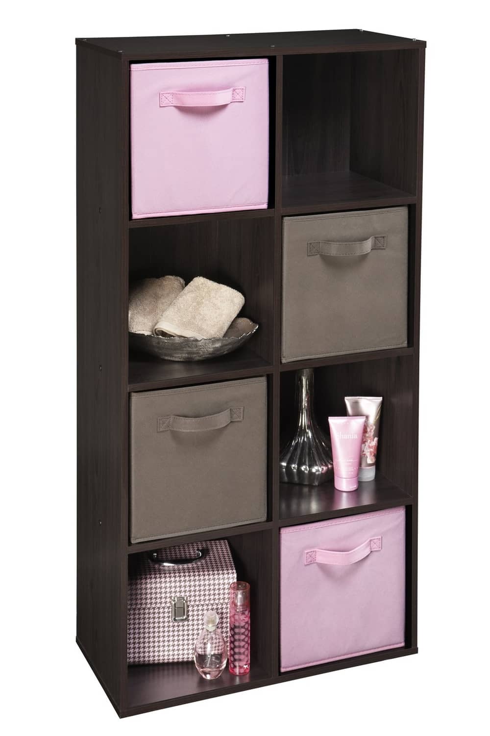 Pink fabric cube drawer with front handle in open cube storage