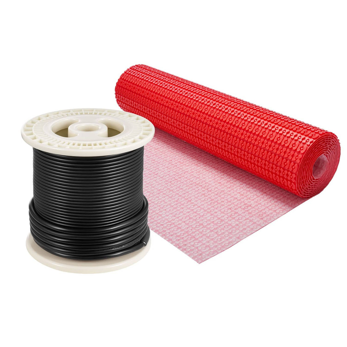 Radiant floor heating mat roll with decoupling membrane and black cable on spool