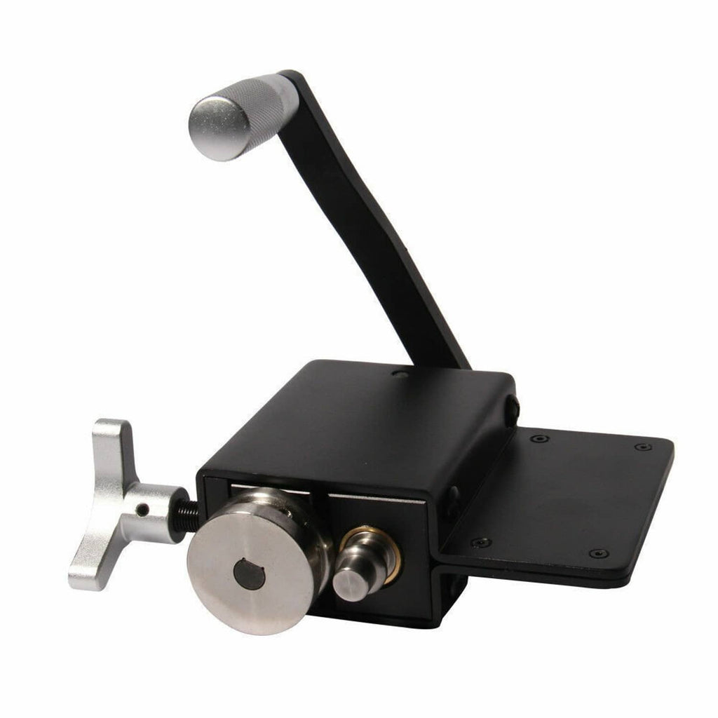 Pipe bead roller tool with black lever and circular metal rolling wheel