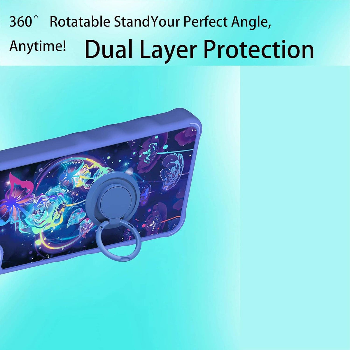 Blue phone case with neon artwork and circular kickstand grip on the back