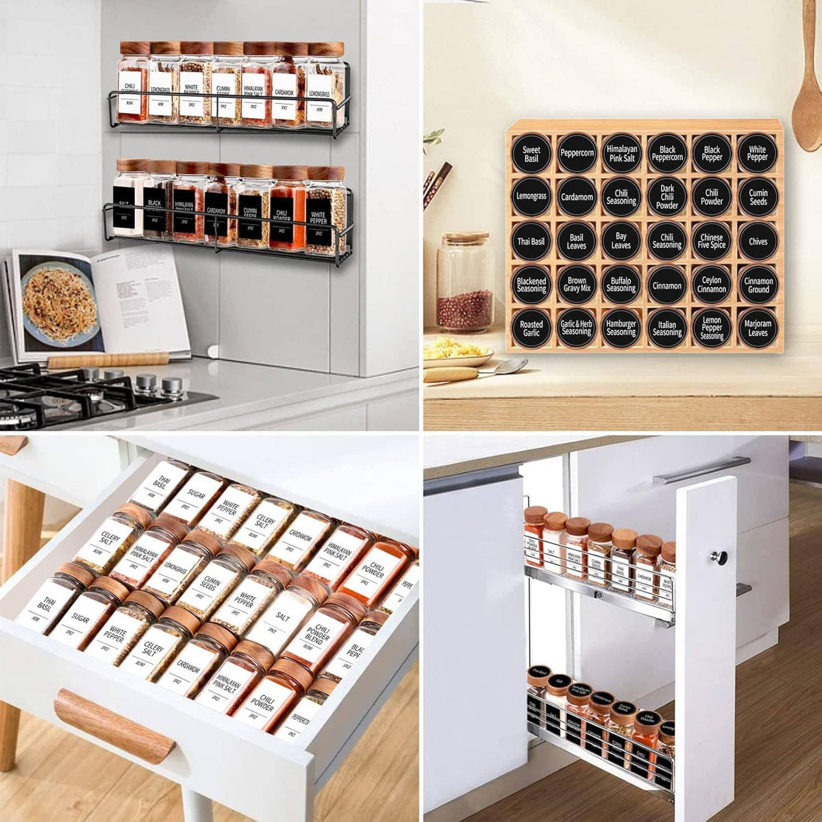 Under-cabinet spice organizer with many labeled jars and pull-out drawers