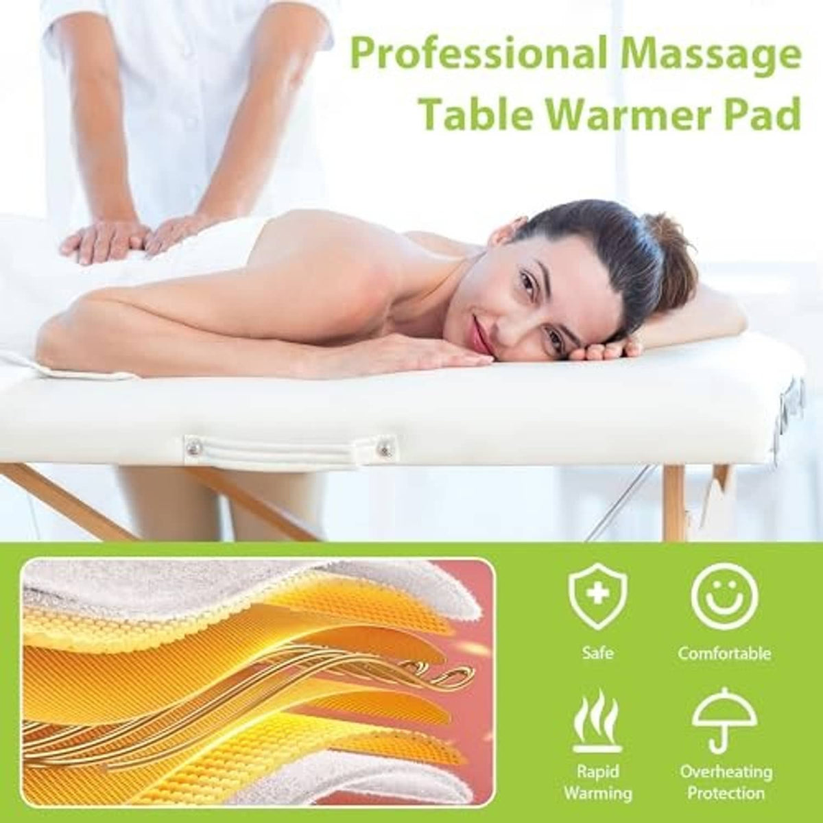 White massage table warmer pad on treatment table with client lying down