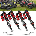 Red and black air shock absorbers for off-road UTV, front and rear, with mounting eyes
