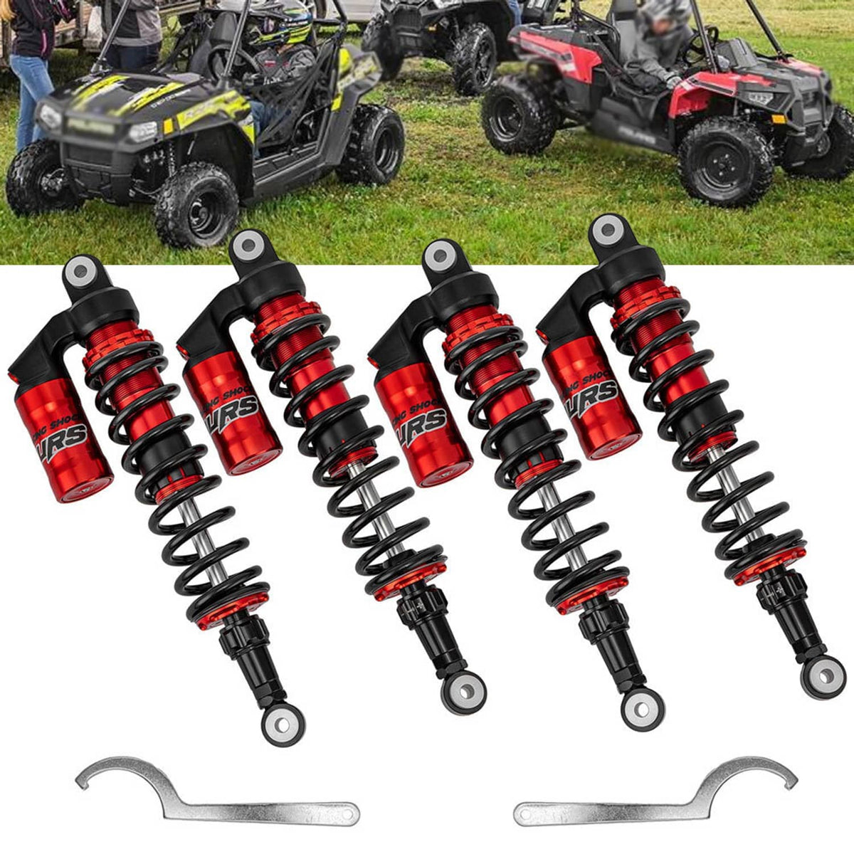 Red and black air shock absorbers for off-road UTV, front and rear, with mounting eyes