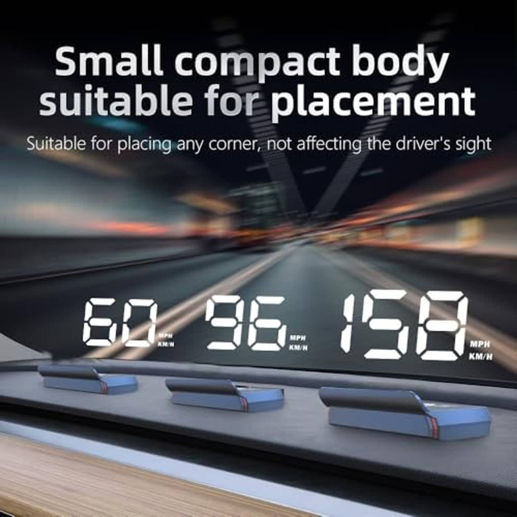 Compact car HUD head-up display showing three large speed digits on the dashboard