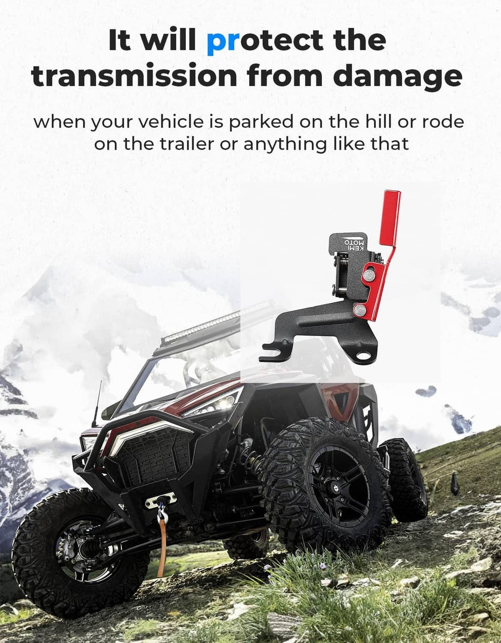 UTV parked on a hill with parking brake lever accessory, black and red.