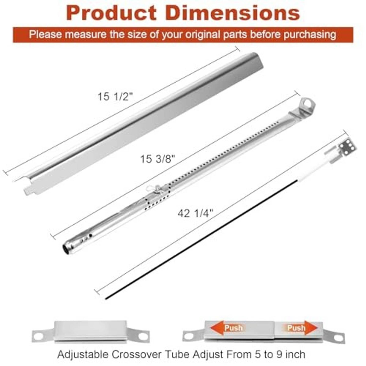 Stainless crossover tube and perforated burner tube with mounting bracket pieces