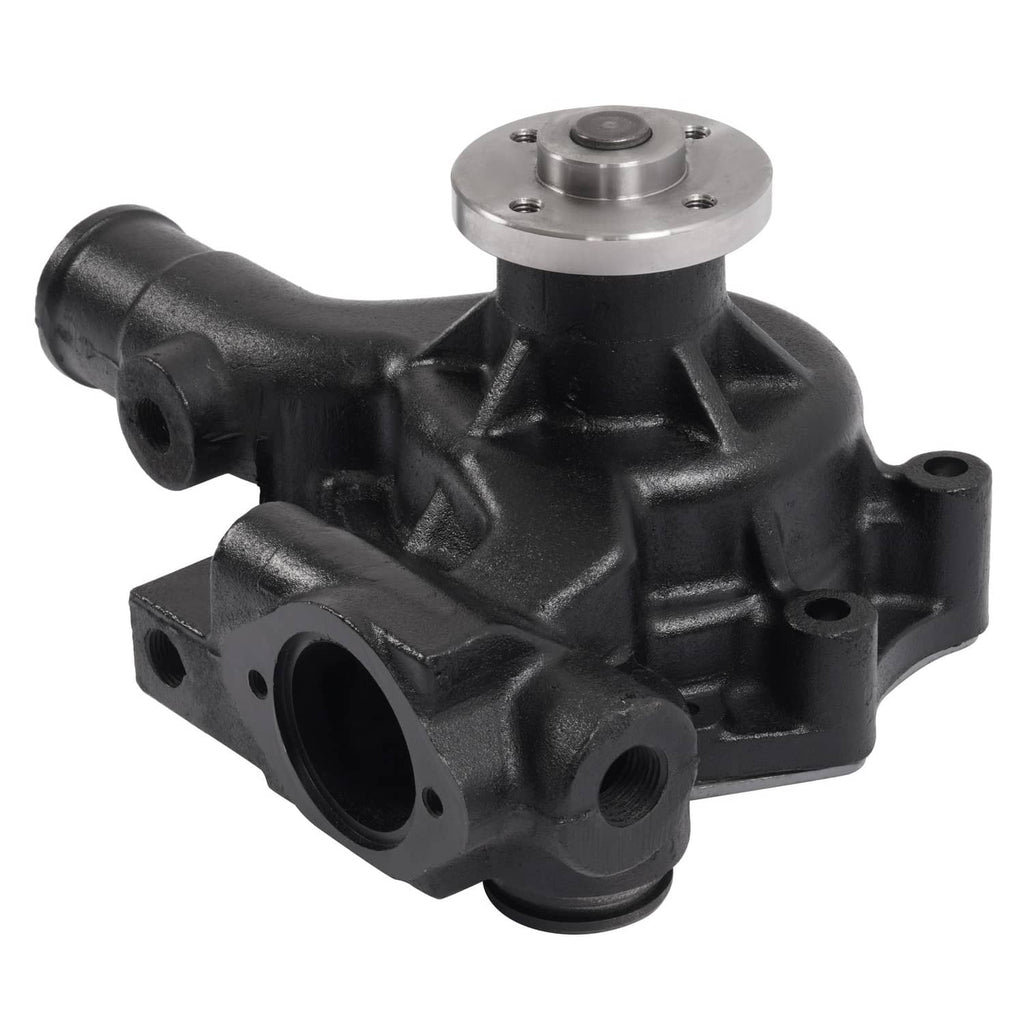 Water pump with black cast body, silver impeller hub, and side inlet outlet
