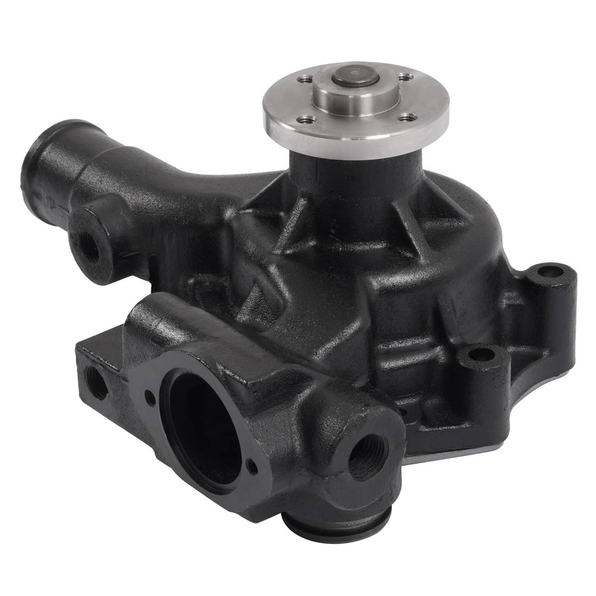Water pump with black cast body, silver impeller hub, and side inlet outlet