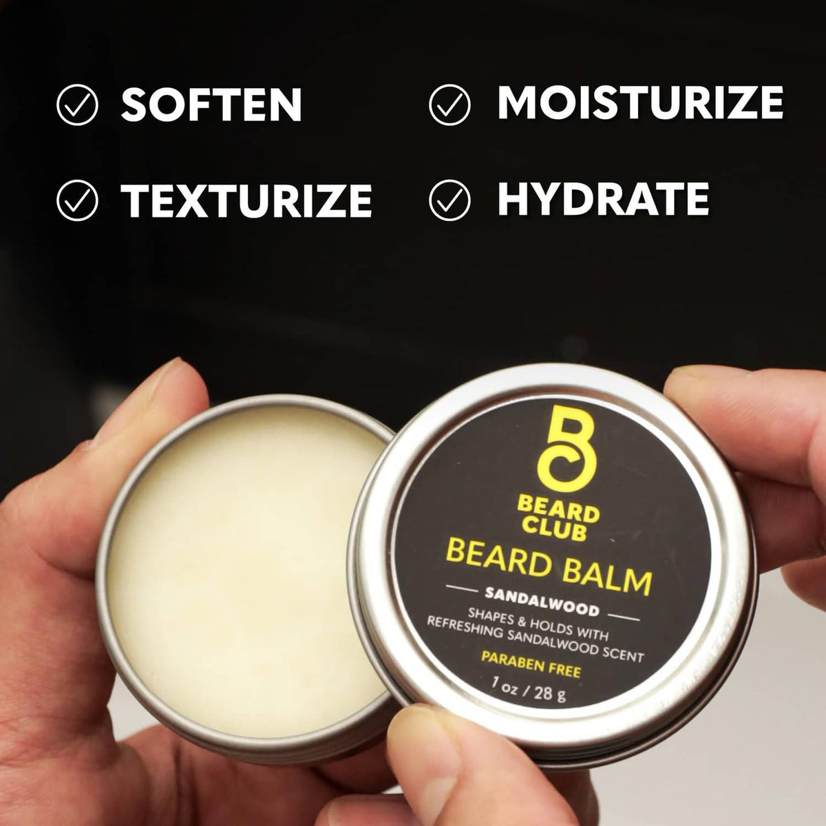 Beard balm tin set, one open with cream balm and one closed, sandalwood