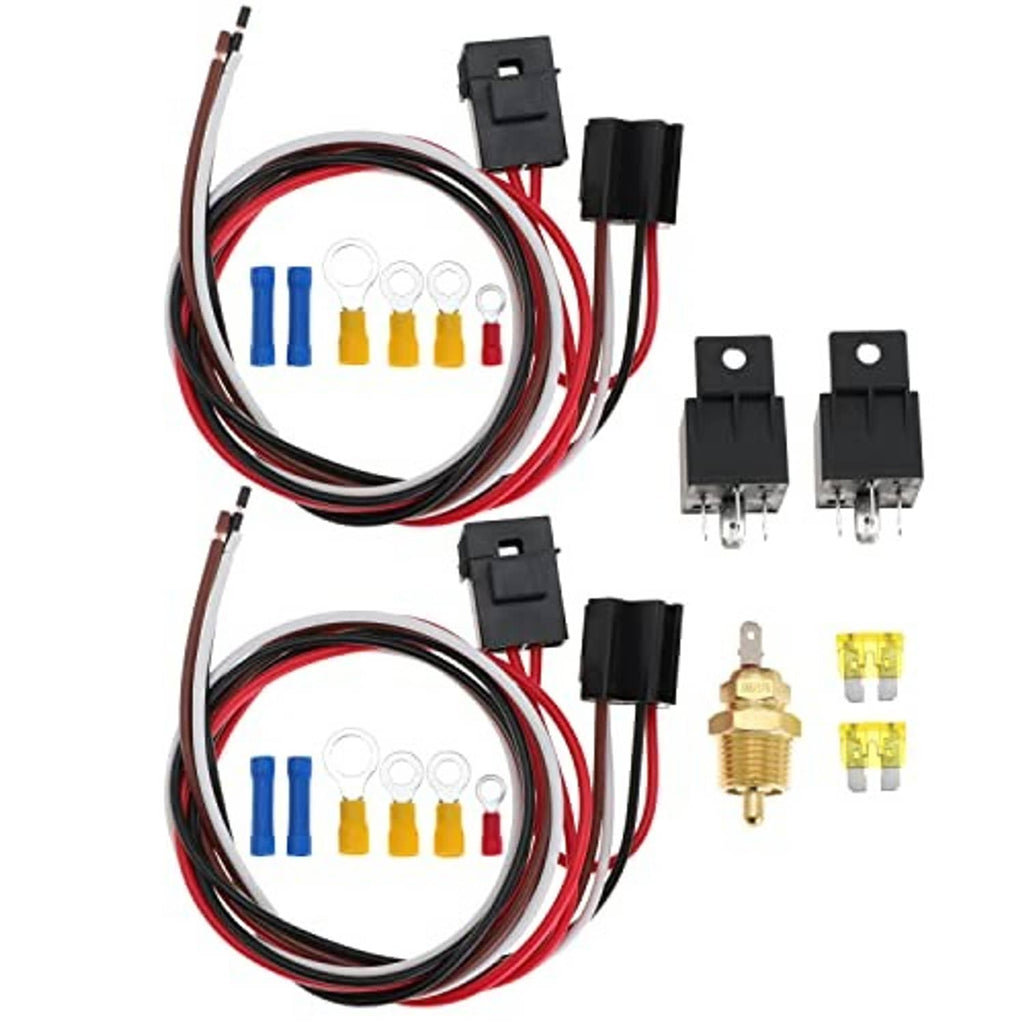 Dual fan relay wiring kit with relays, temperature sensor, connectors, and ring terminals