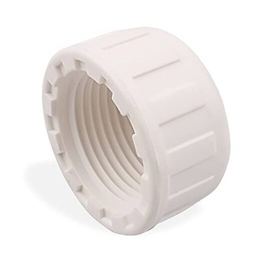 White PVC pipe end cap with 3/4 in female threads, ridged outer grip