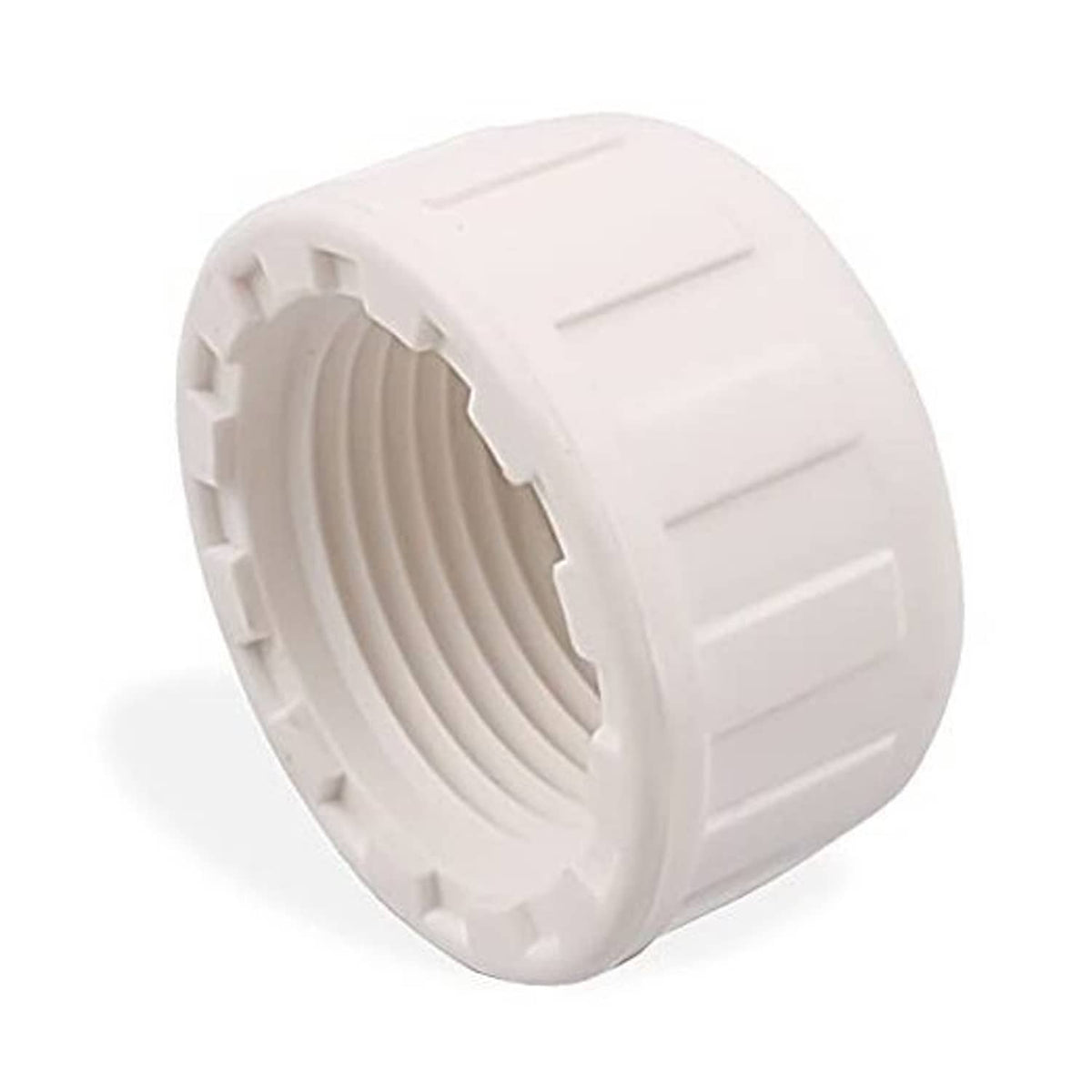 White PVC pipe end cap with 3/4 in female threads, ridged outer grip