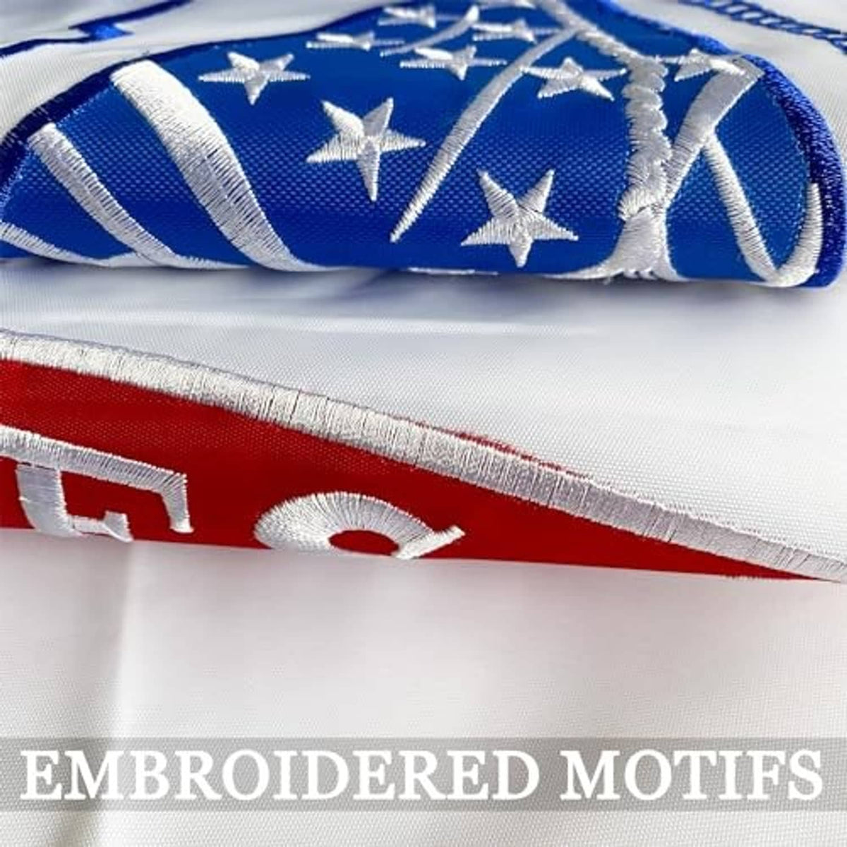 Embroidered US Army flag close-up with blue star motifs and red stripe