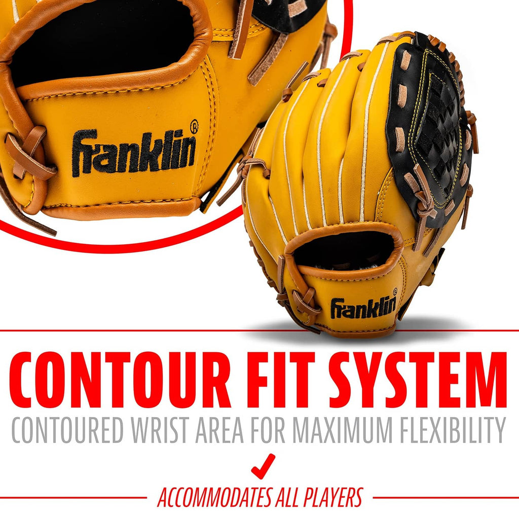 Yellow Franklin glove close-up with stitched wrist area and black web backing