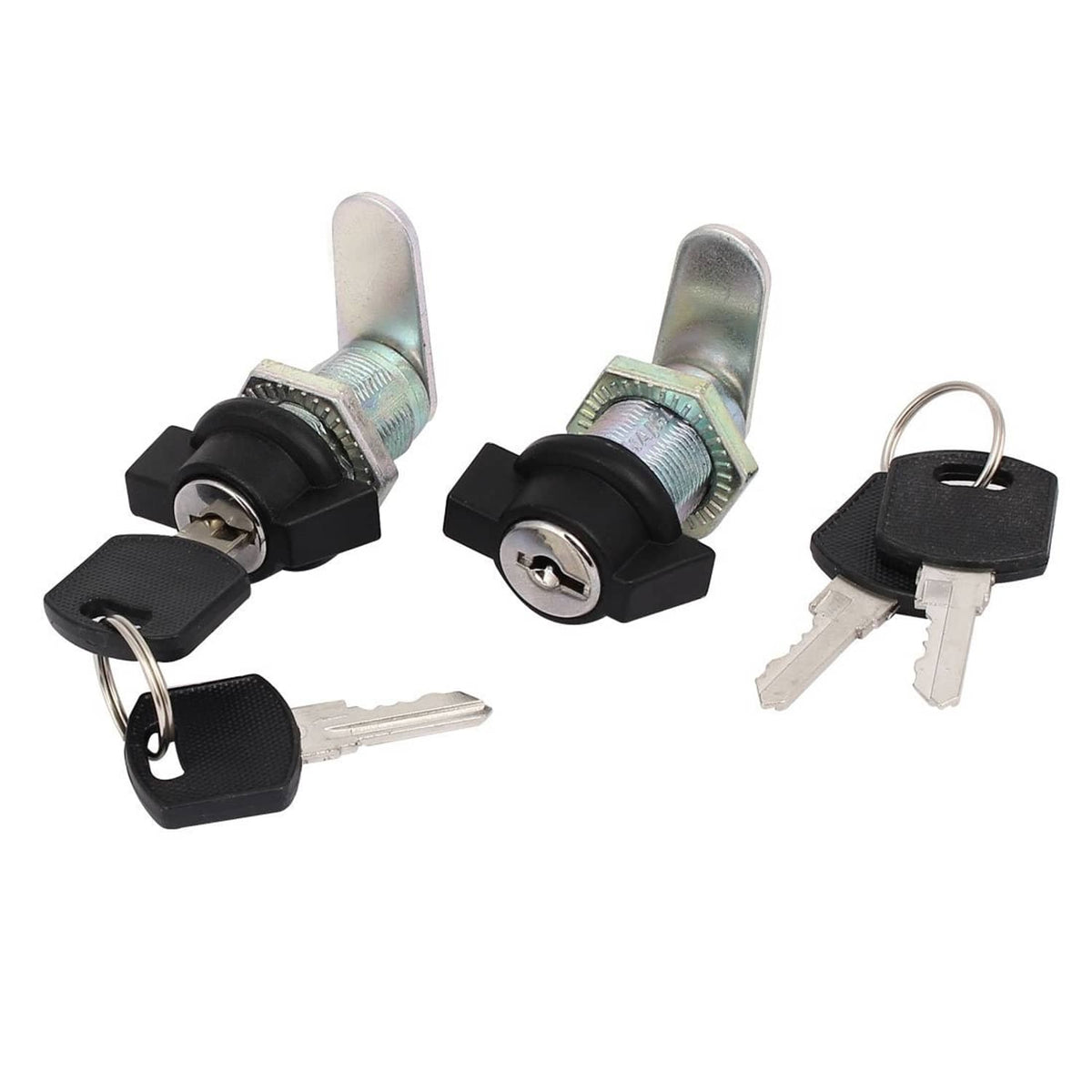 Cabinet cupboard locking cam with black T-handle, silver hardware and two keys