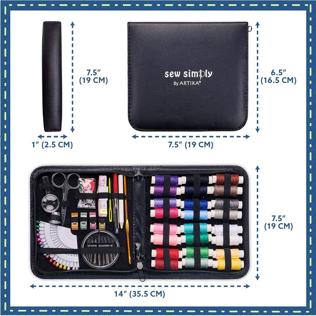 Compact black sewing kit case shown with overall size measurements and accessories inside