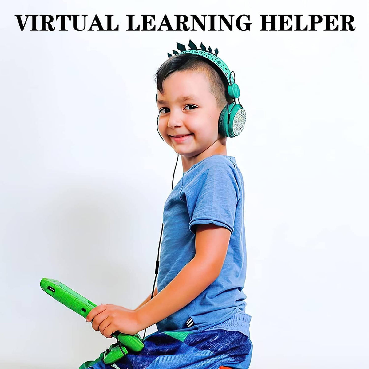Green dinosaur kids wired headphones worn by a child, adjustable headband and ear pads