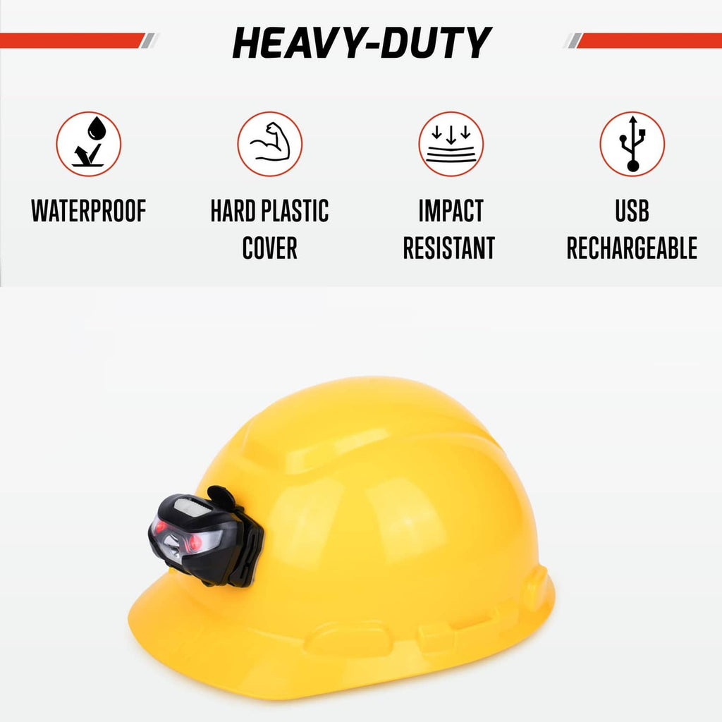 Black rechargeable headlamp light with front lens on hard hat