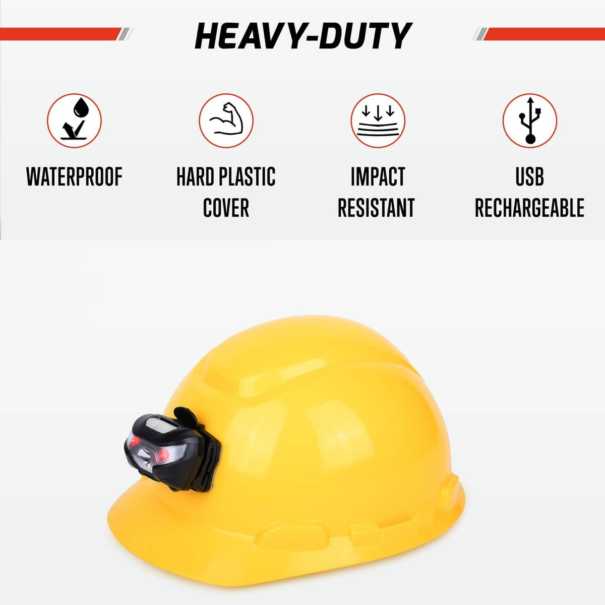 Black rechargeable headlamp light with front lens on hard hat