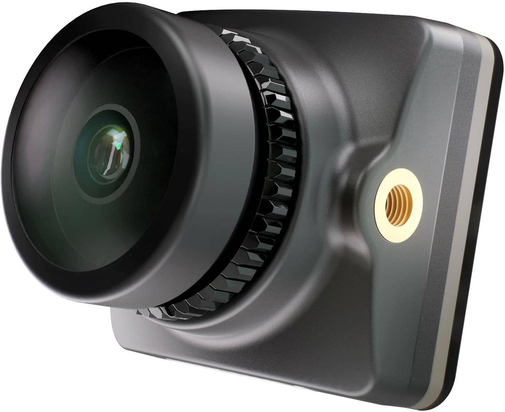 FPV micro drone camera with detailed black lens hood and circular side indicator light