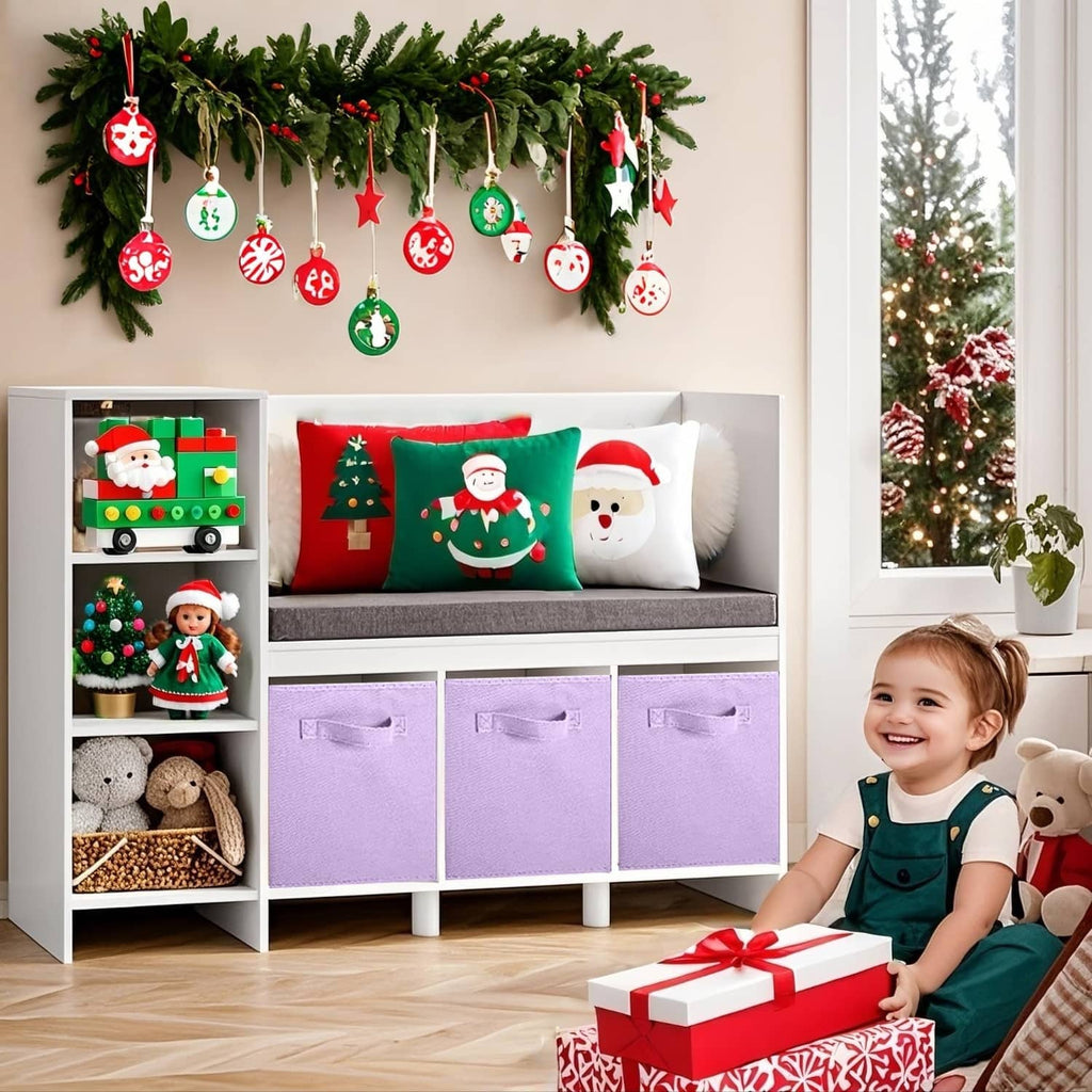 Lavender fabric storage cubes with front pull handles in a kids’ storage unit