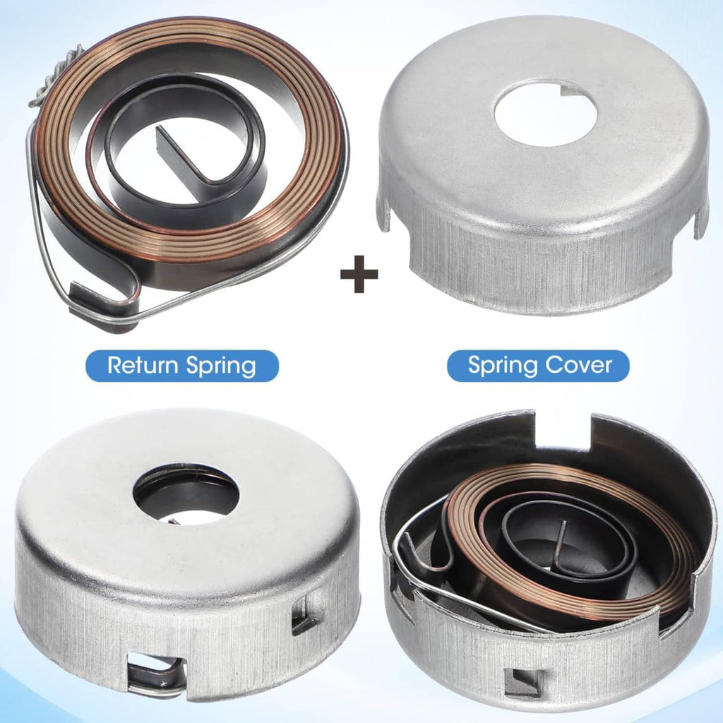 Drill press return spring coil and spring cover set, pieces laid out