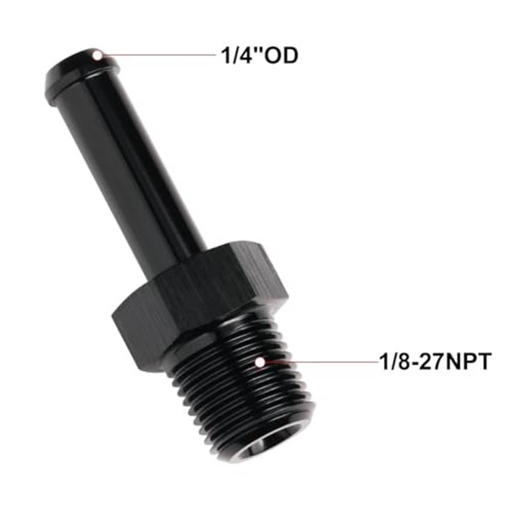 Black straight hose barb fitting: 1/4 OD barbed end, 1/8-27NPT male thread