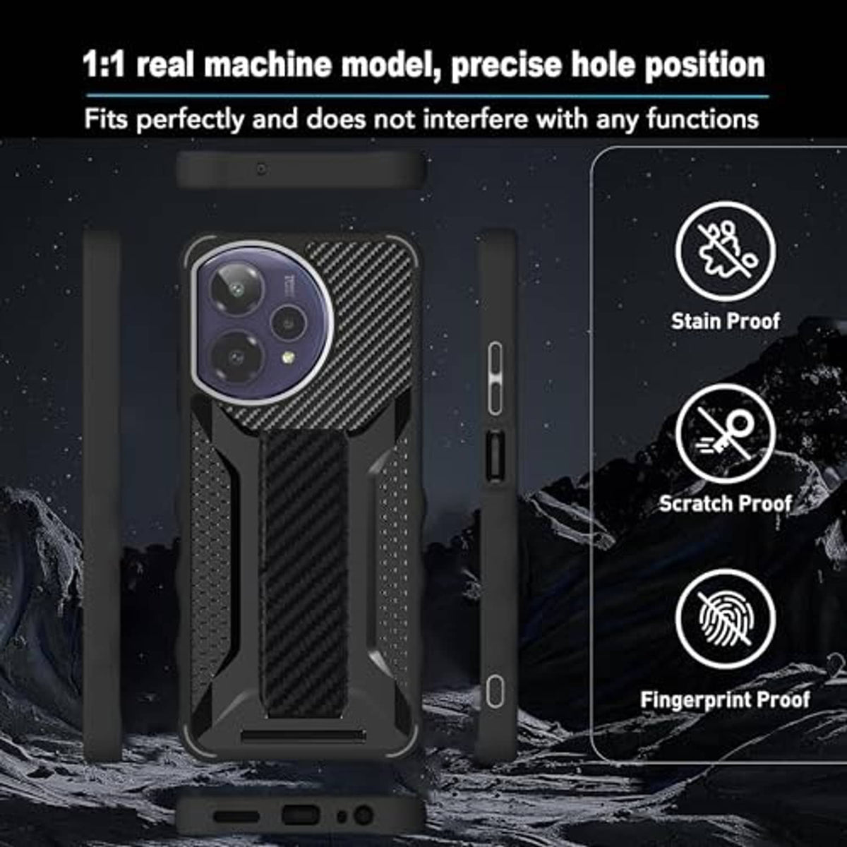 Black rugged case with carbon-fiber back and textured grip, port openings visible