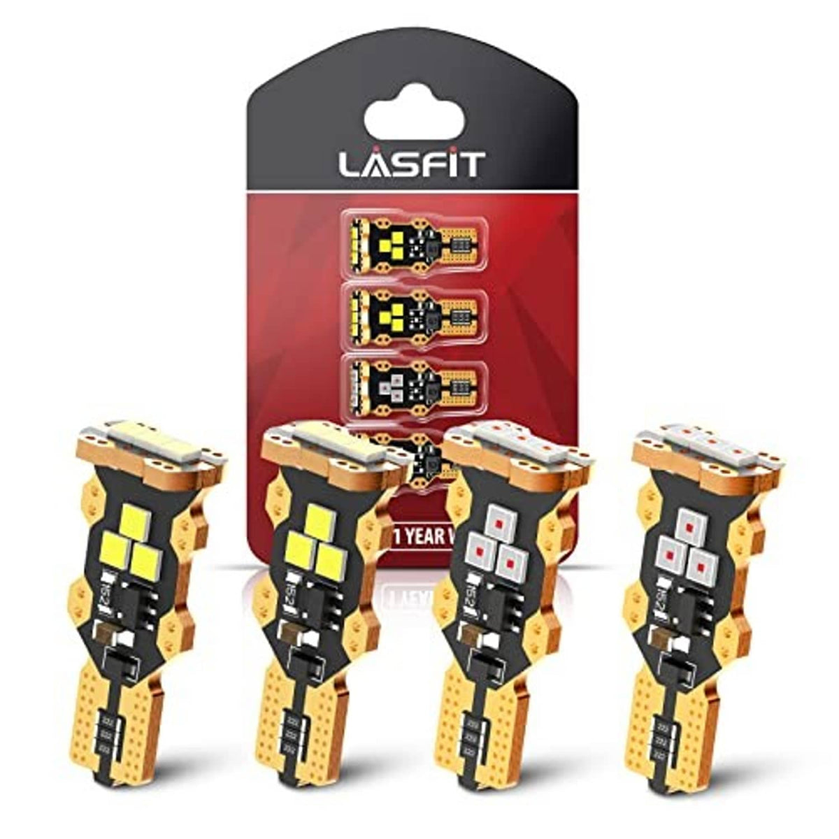 LASFIT 921 LED backup/reverse bulbs blister pack showing four bulbs, white and red