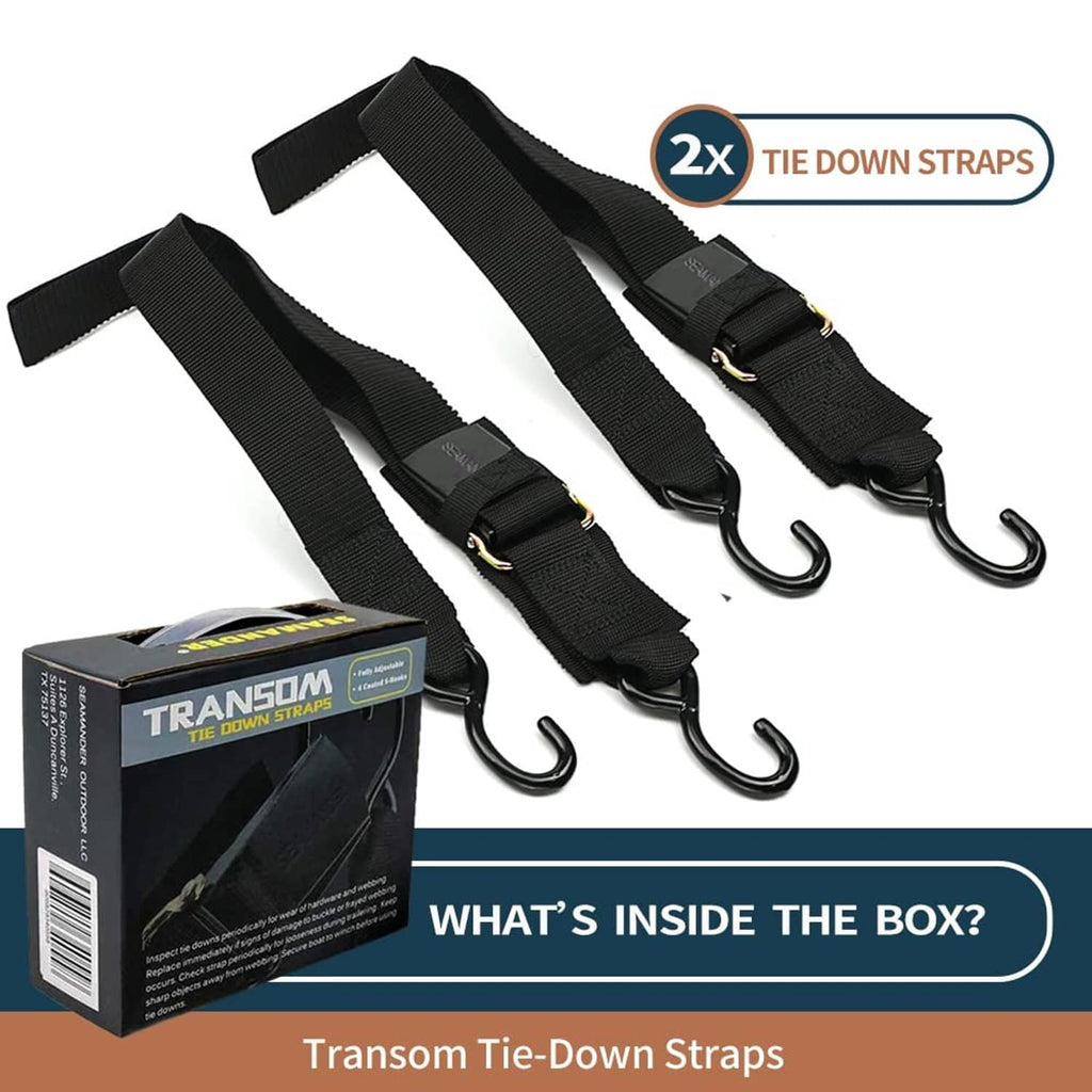 Two black transom tie-down straps with S-hooks, shown with retail package box