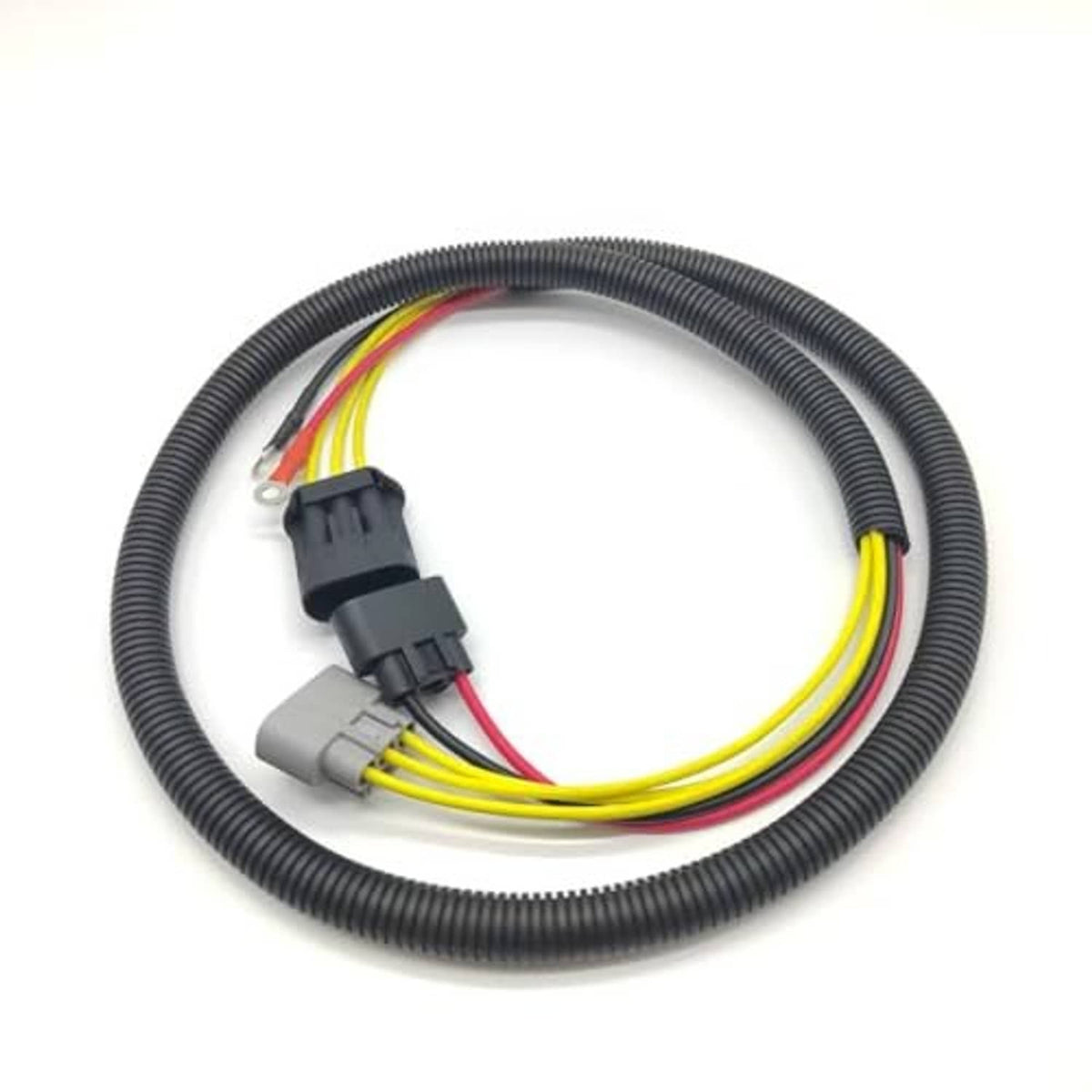 Wiring harness for voltage regulator rectifier with black ribbed cable and multi-wire connectors