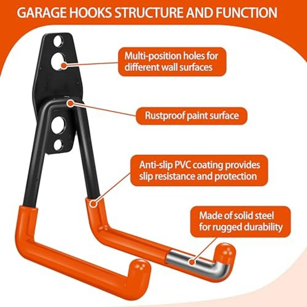 Pair of garage hooks with black mounting plates and orange anti-slip curved arms