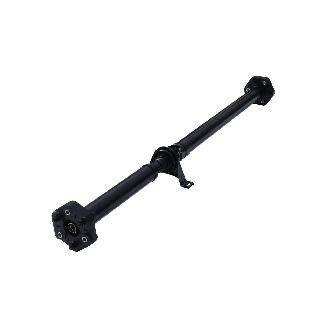 Black drive prop shaft with center support bracket and end bearing caps, angled view