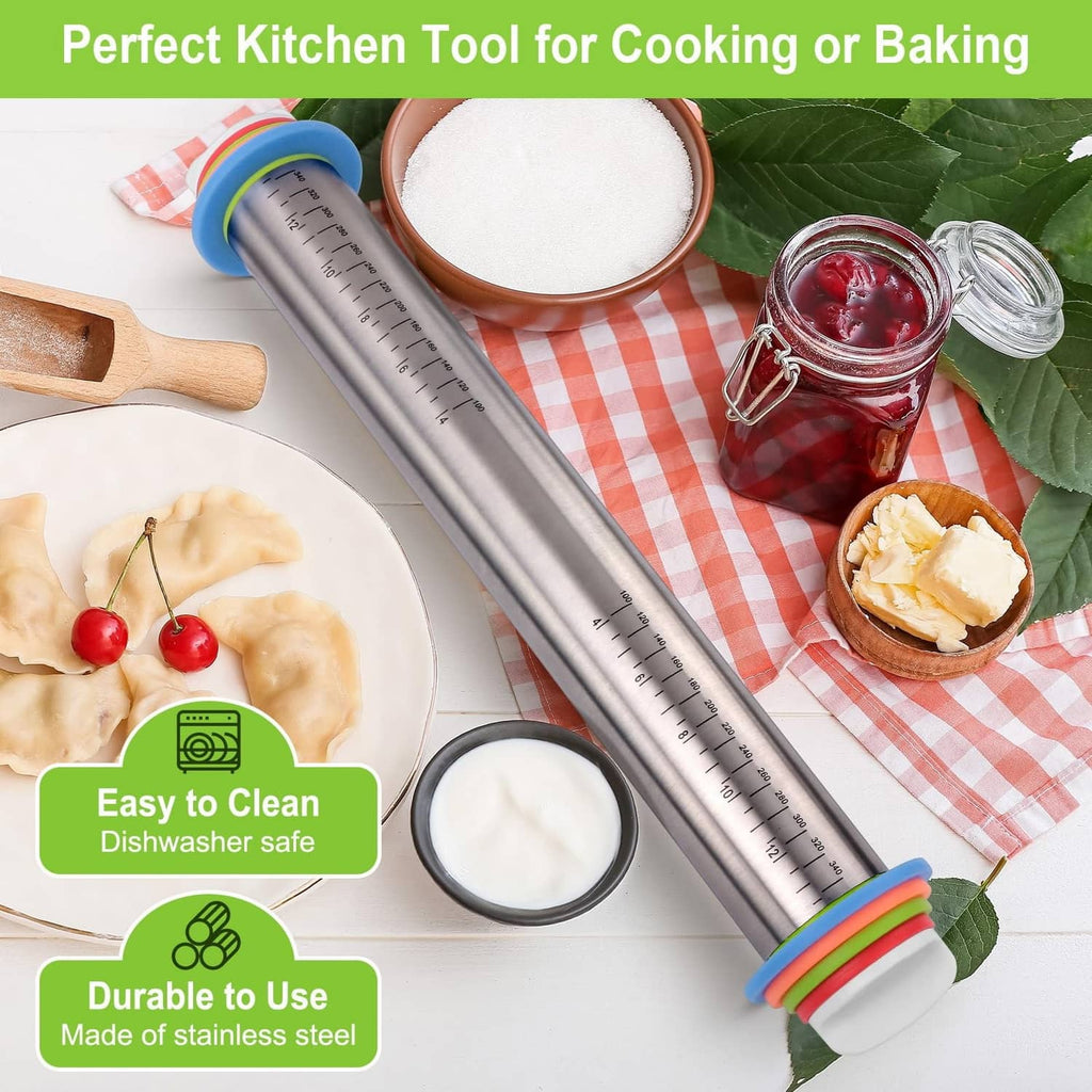 Stainless rolling pin with colorful thickness rings beside dough and baking supplies