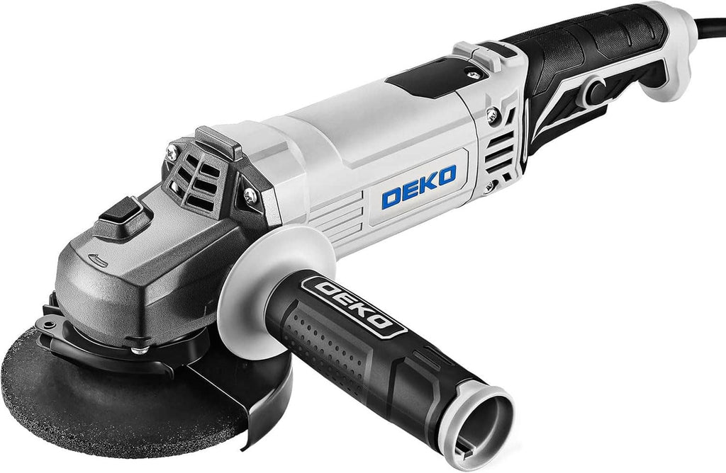DEKO corded 4-1/2 in angle grinder, black wheel, silver body, front hand guard