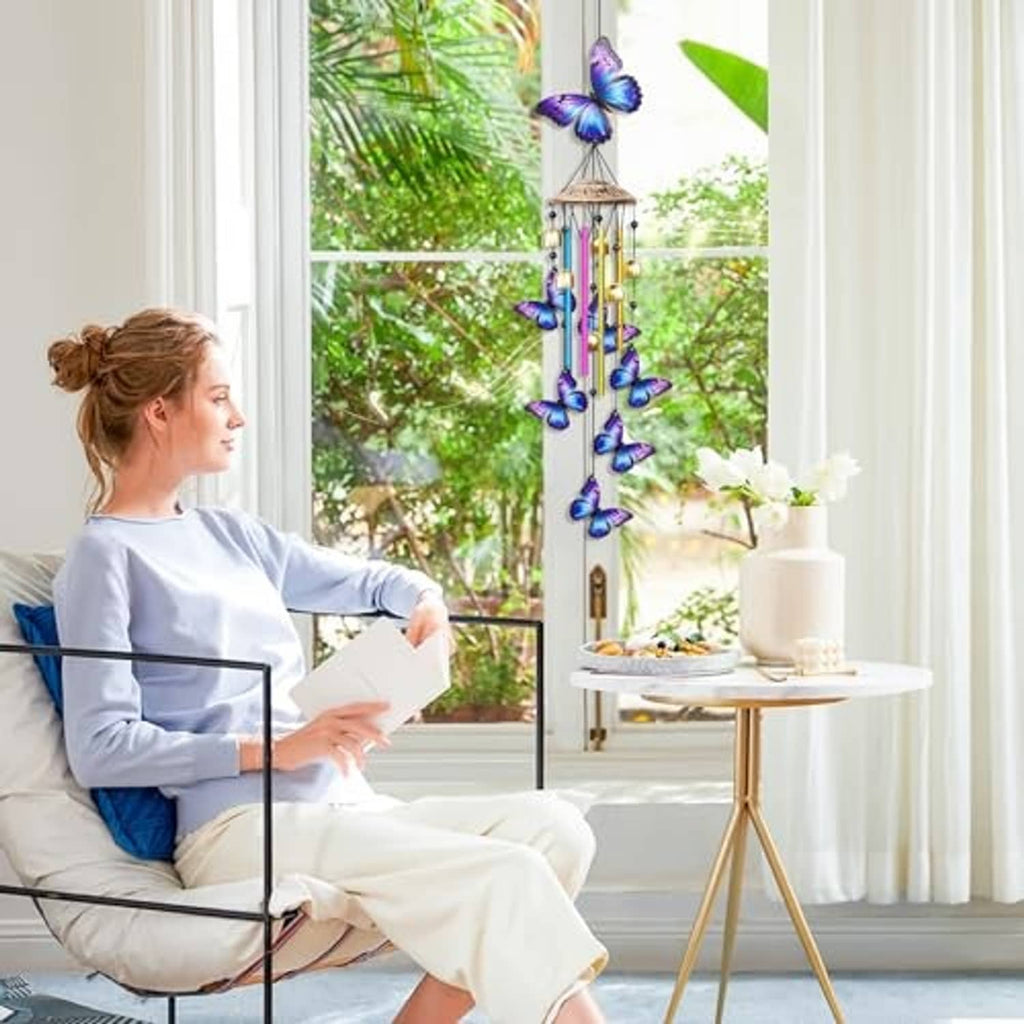 Outdoor butterfly wind chime with purple-blue butterflies and rainbow aluminum tubes