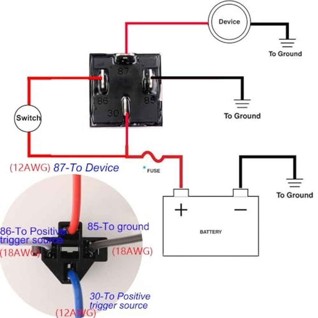 Wiring diagram for 12AWG 4-pin relay harness: switch to ground and device
