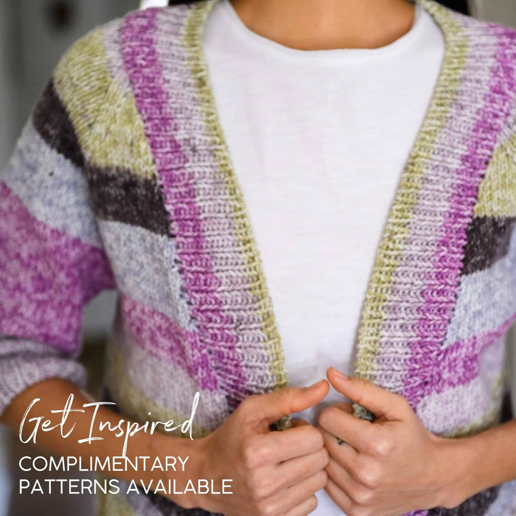 Multicolor striped knit cardigan with purple, lime, and gray bands