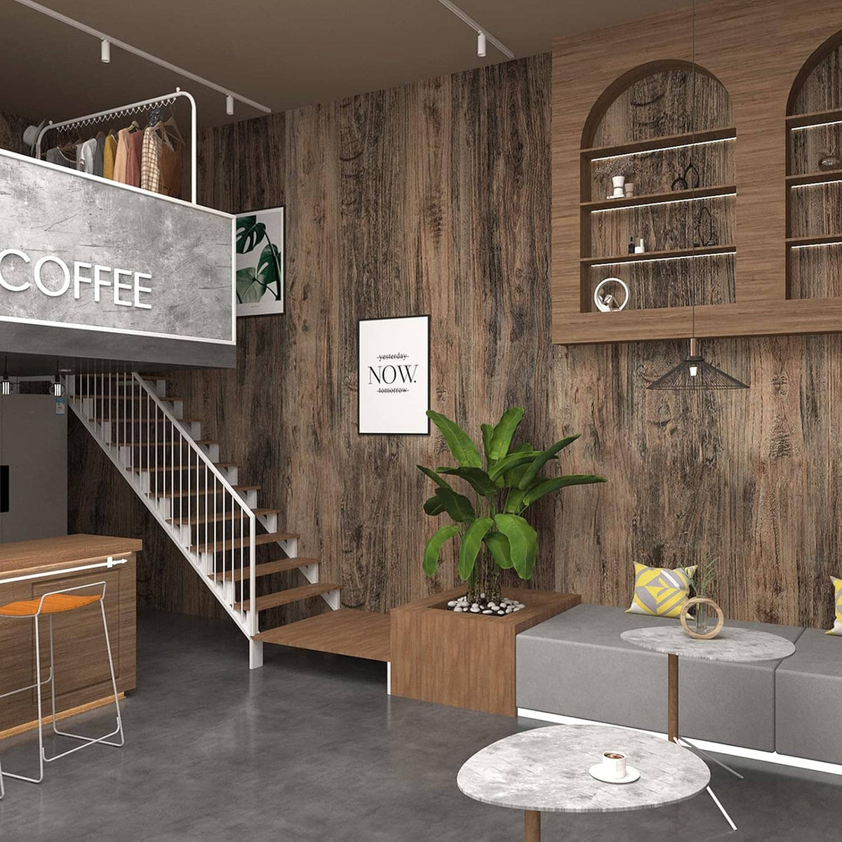 Brown wood-grain wallpaper wall in a cafe setting with shelving and vertical wood texture