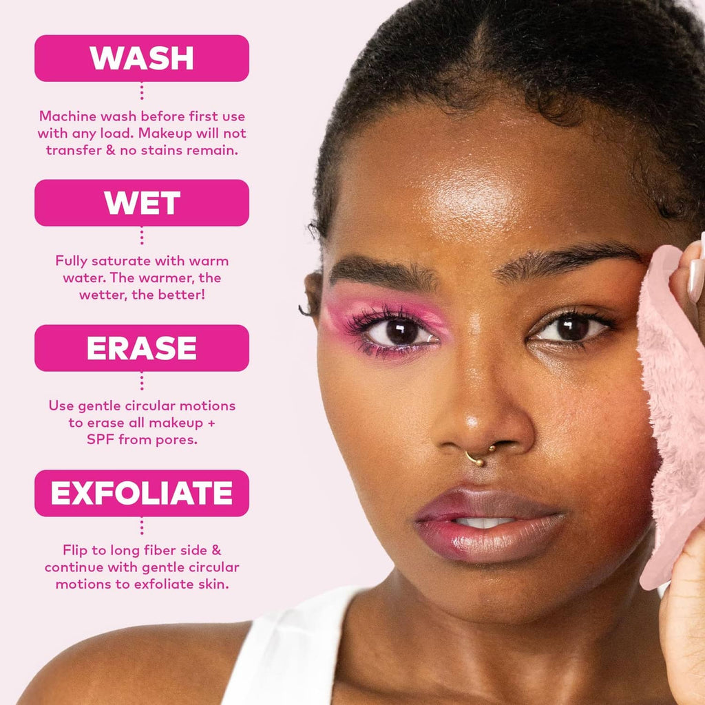 Pink plush makeup eraser towel used on face, wet and erase steps shown