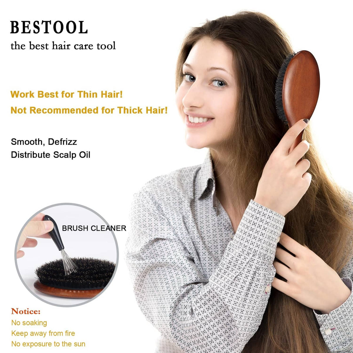 Brown wooden hair brush held by a person, with black bristle head