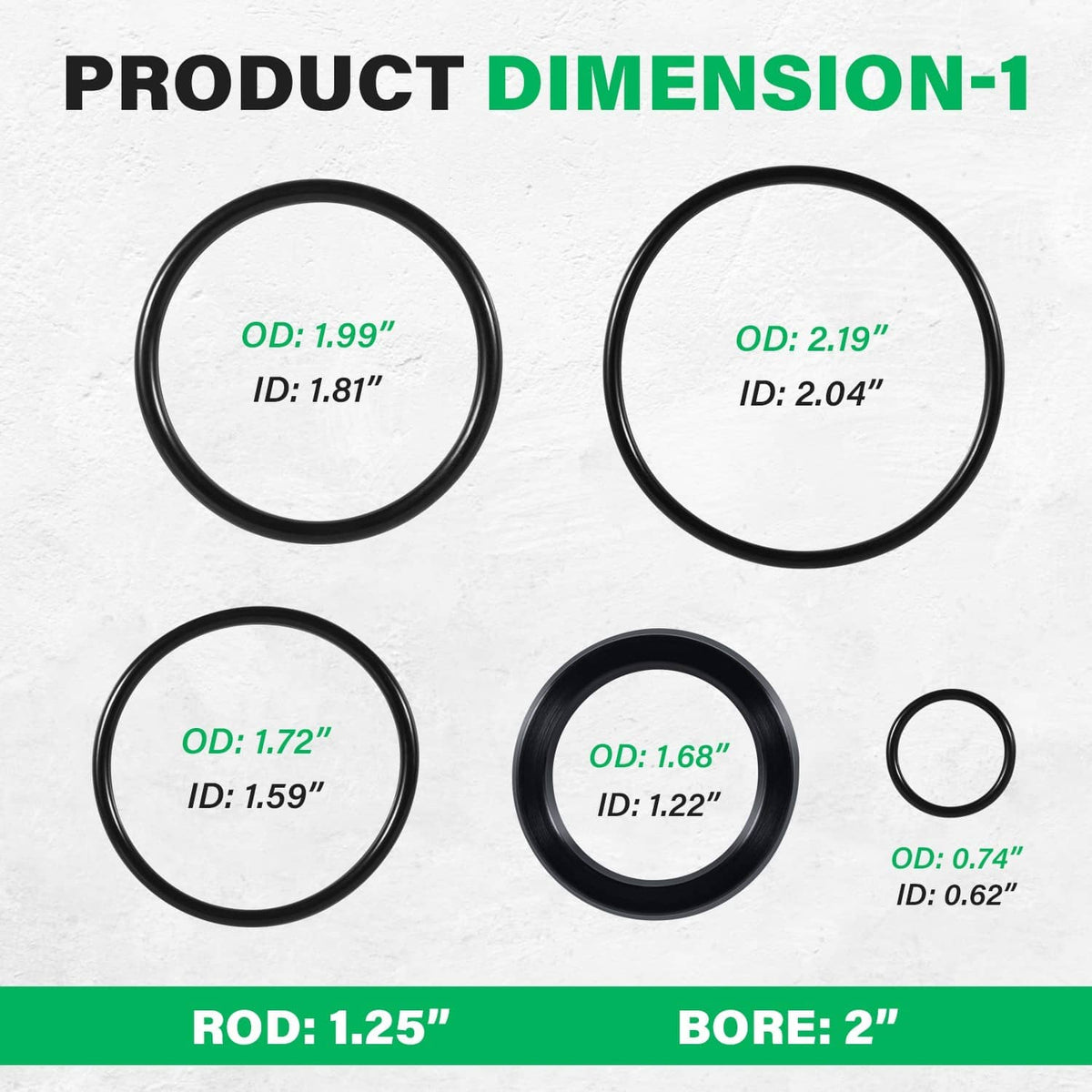 Hydraulic seal O-ring dimension diagram with bore and rod size circles