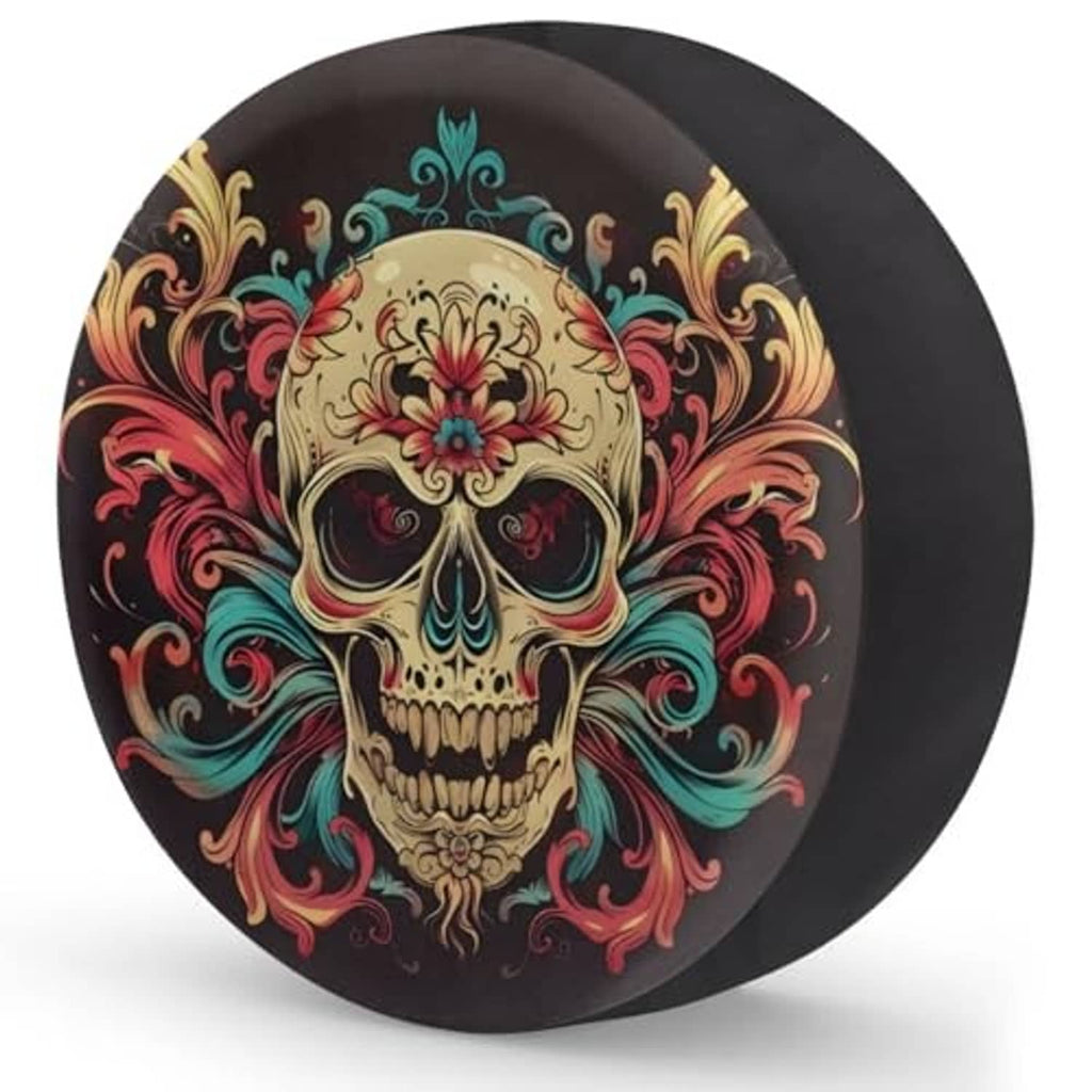 Colorful skull spare tire cover with ornate flourishes on a black circular cover, angled view