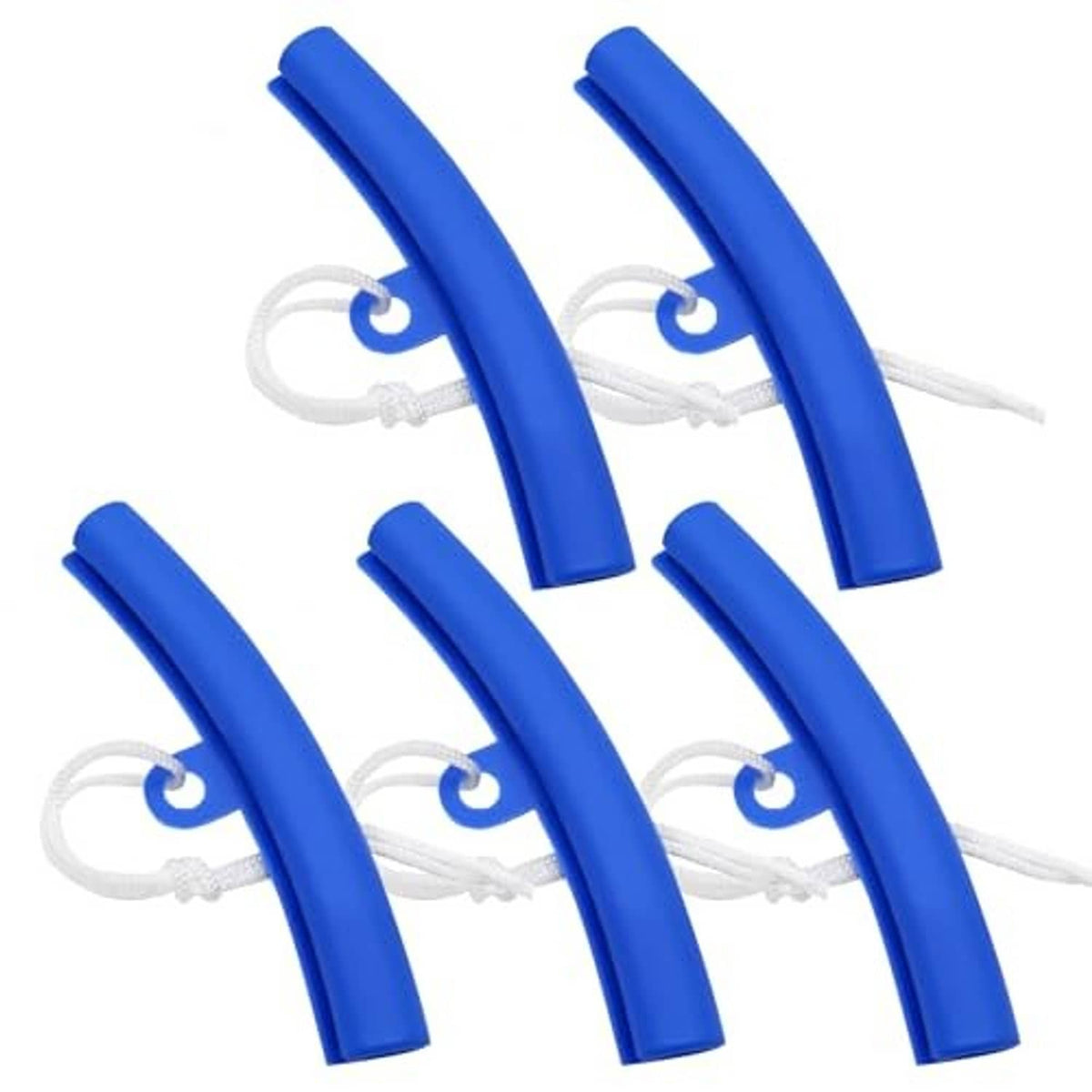 Five blue rim protector edge savers with white cords, close-up set