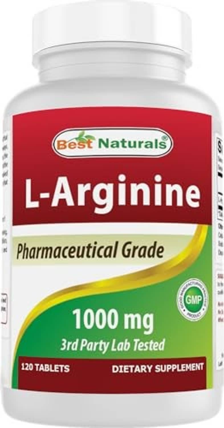Best Naturals L-Arginine 1000 mg supplement bottle, 120 tablets label