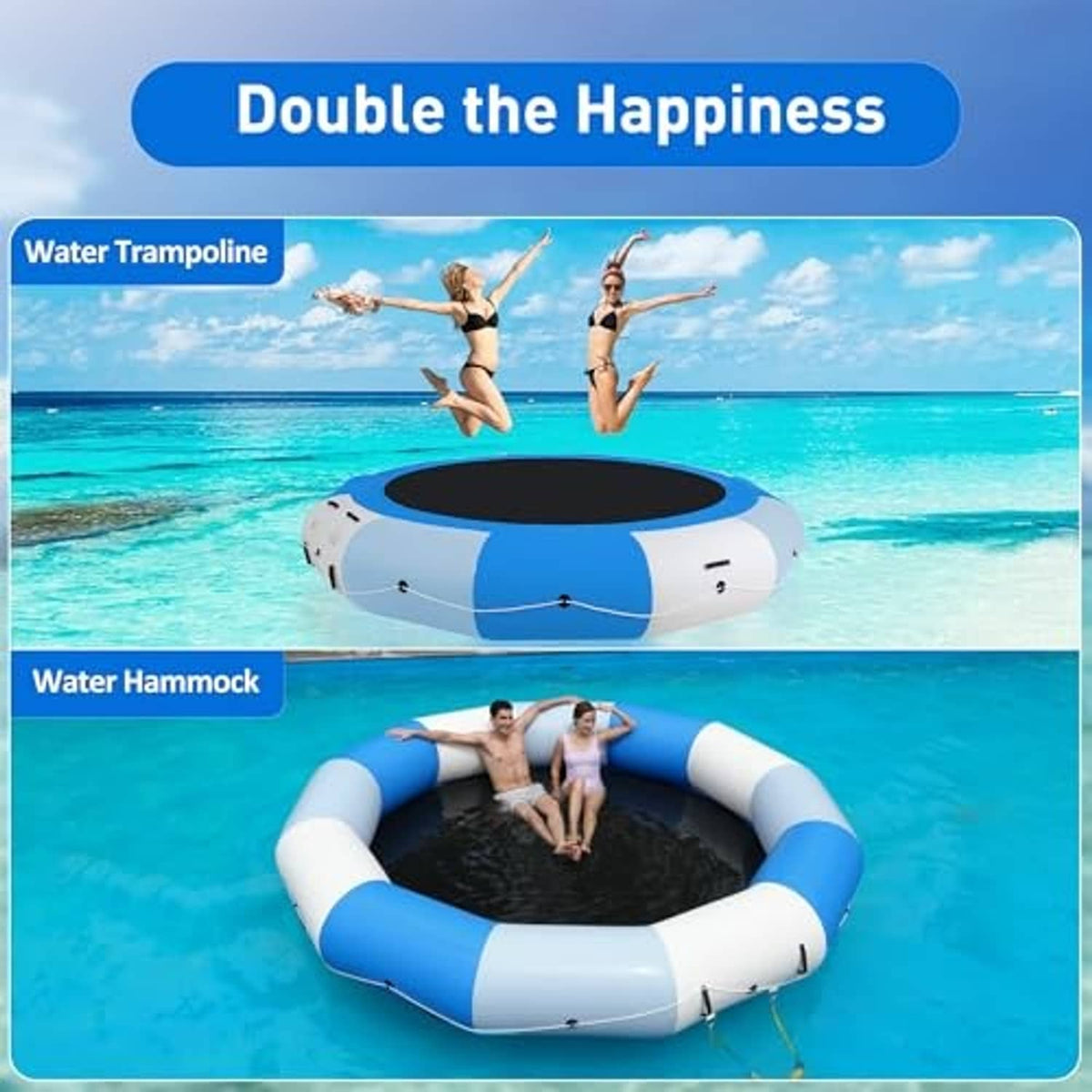 Inflatable floating water trampoline with black center jumping mat, shown with people jumping.