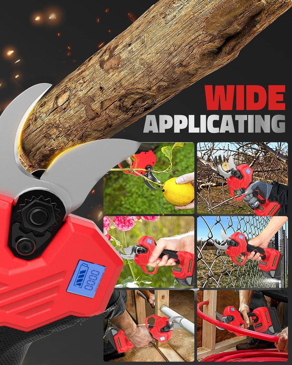 Red electric pruning shears with wide application head and multi-task usage icons